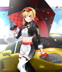 Rule 34 | 1girl, blonde hair, booth babe, breasts, cleavage, confetti, eyewear on head, gloves, highres, hololive, hololive indonesia, jacket, kaela kovalskia, medium hair, mitsumine (ookami no oyashiro), motor vehicle, navel, parasol, race queen, red eyes, smile, solo, thighhighs, umbrella, virtual youtuber