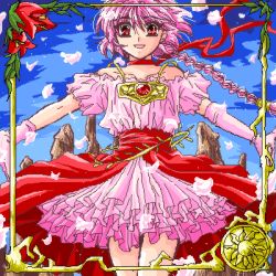 Rule 34 | 1990s (style), 1girl, braid, choker, flower, long hair, lowres, magic knight rayearth, oekaki, outstretched arms, petals, pink hair, red eyes, seiga mitsuki, shidou hikaru, skirt, smile, solo, spread arms