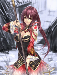 Rule 34 | 1girl, alternate color, breasts, brown eyes, brown hair, cleavage, cleavage cutout, clothing cutout, highres, houtengeki, large breasts, long hair, long sleeves, player 2, ponytail, red hair, shin sangoku musou, smile, solo, staff, wang yuanji, weapon