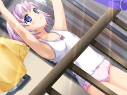 Rule 34 | 00s, 1girl, blue eyes, blush, bow, bow panties, camisole, dutch angle, flat chest, game cg, konoe nanami, lace, lace-trimmed panties, lace trim, lamune, laundry, lingerie, outdoors, panties, pink panties, purple hair, short hair, solo, standing, underwear, underwear only