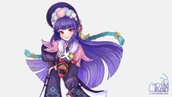 Rule 34 | 1girl, absurdres, artist name, breasts, dress, genshin impact, hair ornament, highres, long hair, miramarin, purple hair, red eyes, simple background, small breasts, smile, solo, yun jin (genshin impact)
