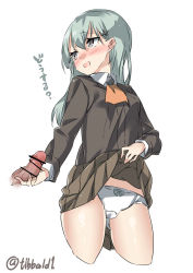 Rule 34 | 10s, 1girl, aqua hair, ascot, bad id, bad twitter id, bar censor, black eyes, blush, bow, bow panties, brown jacket, censored, clothes lift, collared shirt, cowboy shot, cropped legs, disembodied penis, ebifurya, eyebrows, hair between eyes, hair ornament, hairclip, highres, inactive account, jacket, kantai collection, lifted by self, long hair, long sleeves, looking to the side, open mouth, panties, penis, penis grab, pointless censoring, school uniform, shirt, simple background, skirt, skirt lift, smile, solo focus, suzuya (kancolle), translated, twitter username, underwear, white background, white bow, white panties, white shirt