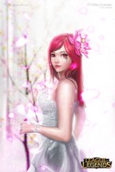 Rule 34 | 1girl, alternate costume, artist name, bad id, bad pixiv id, bare shoulders, bracelet, character name, copyright name, dress, facial tattoo, flower, hair flower, hair ornament, highres, jewelry, jyin (psythefly), katarina (league of legends), league of legends, long hair, looking at viewer, looking to the side, ornate ring, red eyes, red hair, ring, scar, scar across eye, scar on face, solo, strapless, strapless dress, tattoo, wedding dress, wedding ring