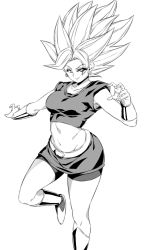 Rule 34 | 1girl, big hair, bike shorts, breasts, closed mouth, collarbone, crop top, dragon ball, dragon ball super, earrings, floating, greyscale, highres, jewelry, kale (dragon ball), looking at viewer, medium breasts, midriff, monochrome, navel, rom (20), skirt, smile, solo, spiked hair, super saiyan