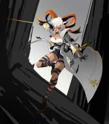 Rule 34 | 1girl, absurdres, animal ears, ankle boots, arknights, bangs, black footwear, black gloves, black ribbon, black skirt, boots, breasts, carnelian (arknights), coat, dark-skinned female, dark skin, full body, gloves, goat ears, goat girl, goat horns, grey hair, high heel boots, high heels, highres, holding, holding sword, holding weapon, horns, infection monitor (arknights), large breasts, leg ribbon, leg up, long sleeves, miniskirt, open clothes, open coat, open mouth, outstretched arm, red eyes, ribbon, shirt, short hair, skirt, sllee91646, solo, sword, thighlet, underbust, v-shaped eyebrows, weapon, white coat, white shirt