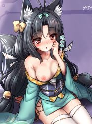 Rule 34 | 1girl, absurdres, animal ears, azur lane, bare shoulders, black hair, blush, bow, breasts, fox ears, graphite (medium), hair ornament, highres, japanese clothes, kimono, long hair, looking at viewer, low twintails, mechanical pencil, nipples, open mouth, pencil, red eyes, ribbon, solo, tail, thighhighs, traditional media, twintails, white thighhighs, yufuissei0702, yuubari (azur lane)
