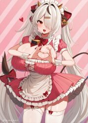 Rule 34 | 1girl, animal ears, apron, breasts, cow ears, cow girl, cow horns, cow tail, dress, hair over one eye, heart, heart hands, horns, huge breasts, indie virtual youtuber, long hair, maid, maid headdress, marota, marota (character), one eye covered, open mouth, pink background, pink dress, short sleeves, smile, solo, striped, striped background, tail, thighhighs, thighs, twintails, twitter username, very long hair, virtual youtuber, white apron, white hair, white headwear, white thighhighs, wrist cuffs
