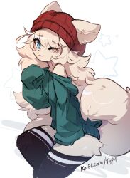 Rule 34 | 1girl, :3, animal ears, animal nose, artist name, beanie, black thighhighs, blonde hair, blue eyes, body fur, bottomless, breasts, closed mouth, dog ears, dog girl, dog tail, drawstring, ears through headwear, female focus, furry, furry female, green sweater, hand up, happy, hat, ko-fi username, long hair, looking at viewer, off shoulder, one eye closed, original, raised eyebrows, red hat, sidelocks, single bare shoulder, sitting, sketch, sleeves past fingers, sleeves past wrists, small breasts, smile, solo, star (symbol), starry background, sweater, tail, thick thighs, thighhighs, thighs, typh, watermark, web address, white background, wink, yellow fur