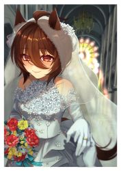 Rule 34 | 1girl, agnes tachyon (umamusume), ahoge, alternate costume, animal ears, bare shoulders, blurry, blurry background, blurry foreground, blush, bouquet, breasts, bridal gauntlets, brown hair, chandelier, church, closed mouth, clothing cutout, dress, emil1030 blue, flower, hair between eyes, highres, holding, holding bouquet, holding hands, horse ears, indoors, jewelry, looking at viewer, medium breasts, pov, pov hands, ring, shoulder cutout, smile, umamusume, upper body, wedding dress, white dress