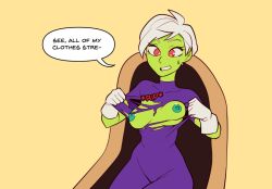 Rule 34 | 1girl, accidental exposure, breasts, cheelai, colored skin, dragon ball, dragon ball super, embarrassed, english text, female focus, gloves, green skin, nervous, nipples, nortuet, nude, red eyes, short hair, tearing clothes, torn clothes, white hair