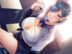 Rule 34 | 1girl, black hair, black skirt, blue bow, blue bowtie, blush, bow, bowtie, breasts, bush, chair, cleavage, closed mouth, collared shirt, crossed legs, desk, earbuds, earphones, hair over one eye, highres, holding, large breasts, long sleeves, looking at viewer, non-web source, on desk, open clothes, open shirt, original, plaid, plaid skirt, pleated skirt, purple eyes, removing earbuds, school chair, school desk, school uniform, shirt, sitting, skirt, solo, sunlight, super nagoyaka, white shirt, window