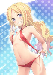 Rule 34 | 1girl, bare shoulders, blonde hair, blue eyes, blush, breasts, clothes lift, clothes pull, cowboy shot, dated, dotted background, errant, frenda seivelun, gluteal fold, highres, long hair, looking at viewer, low ponytail, navel, o-ring, o-ring swimsuit, one-piece swimsuit, one-piece swimsuit pull, ponytail, red one-piece swimsuit, signature, slingshot swimsuit, small breasts, smile, solo, swimsuit, swimsuit lift, teasing, teeth, toaru kagaku no railgun, toaru majutsu no index