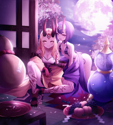Rule 34 | 2girls, absurdres, alcohol, ass, bare shoulders, blonde hair, blush, bob cut, breasts, cherry blossoms, collarbone, cup, eyeliner, facial mark, fate/grand order, fate (series), food, forehead, forehead mark, fruit, fruit bowl, full moon, gourd, grapes, hair pulled back, headpiece, highres, horns, huge filesize, ibaraki douji (fate), japanese clothes, kimono, knee up, kneeling, large breasts, leaning forward, legs, long hair, long sleeves, looking at viewer, makeup, moon, multiple girls, night, night sky, oni, open clothes, open kimono, open mouth, peach, petals, purple eyes, purple hair, purple kimono, revealing clothes, sakazuki, sake, short eyebrows, short hair, shuten douji (fate), sitting, skin-covered horns, sky, smile, tattoo, wide sleeves, yellow eyes, yellow kimono, yeomin s7