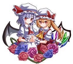 Rule 34 | 2girls, ascot, back bow, bat wings, blonde hair, blue flower, blue rose, bow, center frills, closed mouth, collared shirt, crystal, flandre scarlet, flower, frilled shirt collar, frilled sleeves, frills, hair between eyes, hat, hat bow, hat ribbon, highres, holding hands, interlocked fingers, light smile, long hair, looking at viewer, medium hair, mob cap, multicolored wings, multiple girls, one side up, pink flower, pink rose, puffy short sleeves, puffy sleeves, purple hair, red ascot, red bow, red eyes, red flower, red rose, red skirt, red vest, remilia scarlet, ribbon, rose, shiro (kiron), shirt, short sleeves, siblings, simple background, sisters, skirt, thorns, touhou, upper body, vest, white background, white hat, white shirt, white skirt, wings, yellow ascot