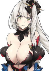 Rule 34 | 1girl, alternate breast size, bare shoulders, breasts, cleavage, dark persona, detached collar, fate/grand order, fate (series), highres, large breasts, marie antoinette (alter) (fate), marie antoinette (fate), side ponytail, silver hair, solo, upper body, yellow eyes, z.m. (zimin)