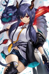 Rule 34 | 1girl, absurdres, arknights, belt, black belt, black gloves, black jacket, black shorts, blue hair, breasts, ch&#039;en (arknights), commentary, dragon horns, dragon tail, fingerless gloves, gloves, hair between eyes, highres, holding, holding sword, holding weapon, horns, jacket, large breasts, long hair, looking at viewer, navel, necktie, off shoulder, open clothes, open jacket, orange necktie, parted lips, red eyes, roina (effj7473), shin guards, shirt, short shorts, shorts, sidelocks, single glove, sleeveless, sleeveless shirt, solo, sword, tail, v-shaped eyebrows, weapon, white background, white shirt, wing collar
