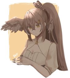 Rule 34 | 1girl, absurdres, ahoge, bird wings, brown eyes, brown hair, claws, cleavage cutout, clothing cutout, feather hair ornament, feathers, fingernails, hair ornament, hairclip, head wings, highres, hololive, hololive english, kaoru lover, long fingernails, long hair, multicolored hair, nanashi mumei, ponytail, sharp fingernails, shirt, simple background, streaked hair, talons, very long fingernails, very long hair, virtual youtuber, white shirt, wings
