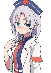 Rule 34 | 1girl, blue dress, blue eyes, blue hat, blush, braid, closed mouth, coat, commentary request, cross, dress, grey hair, hat, highres, kv-san, lab coat, long hair, long sleeves, nurse, nurse cap, open clothes, open coat, parted bangs, red cross, red dress, simple background, solo, touhou, white background, yagokoro eirin