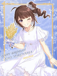 Rule 34 | 1girl, 2023, absurdres, ahoge, blue nails, blunt bangs, blush, bouquet, bow, bracelet, breasts, brown hair, character name, collarbone, dress, drill hair, earrings, flower, grin, hair ornament, happy birthday, highres, holding, holding bouquet, idolmaster, idolmaster million live!, idolmaster million live! theater days, jewelry, long hair, looking at viewer, applying manicure, medium breasts, nail polish, one eye closed, purple eyes, ribbon, see-through, see-through sleeves, shiro (ongrokm), short sleeves, side drill, side ponytail, sidelocks, small breasts, smile, solo, white dress, yellow flower, yokoyama nao