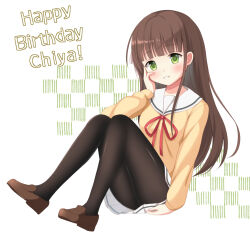 Rule 34 | 1girl, black pantyhose, blouse, blunt bangs, blush, breasts, brown footwear, brown hair, cassis (orleans13x), character name, checkered background, english text, full body, gochuumon wa usagi desu ka?, green eyes, hand on own ass, hand on own cheek, hand on own face, happy birthday, highres, hoto cocoa&#039;s school uniform, loafers, long hair, long sleeves, looking at viewer, medium breasts, miniskirt, neck ribbon, pantyhose, parted lips, pleated skirt, red ribbon, ribbon, sailor collar, school uniform, shirt, shoes, sidelocks, simple background, single stripe, sitting, skirt, smile, solo, teeth, thighs, ujimatsu chiya, upskirt, white background, white sailor collar, white skirt, yellow shirt