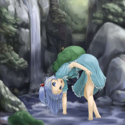Rule 34 | 1girl, backpack, bag, blue eyes, blue hair, branch, clothes lift, dress, forest, from behind, hair bobbles, hair ornament, hat, unworn hat, unworn headwear, hidarikata, kawashiro nitori, key, kneepits, leaning forward, looking at viewer, looking back, matching hair/eyes, nature, open mouth, partially submerged, pocket, rock, short hair, short sleeves, short twintails, skirt, skirt hold, skirt lift, skirt set, sleeves rolled up, smile, solo, standing, touhou, tree, twintails, two side up, wading, water, waterfall