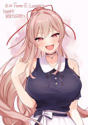 Rule 34 | 1girl, :d, bare shoulders, black shirt, breasts, brown hair, character name, clothing cutout, dated, earrings, furen e lustario, hair between eyes, hair ribbon, happy birthday, highres, jewelry, large breasts, long hair, looking at viewer, multicolored hair, necklace, nijisanji, official alternate costume, open mouth, pink hair, red eyes, red ribbon, ribbon, shirt, short sleeves, shoulder cutout, skirt, smile, solo, streaked hair, u mk6, very long hair, virtual youtuber, white skirt