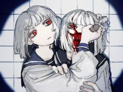 Rule 34 | 2girls, black sailor collar, blood, blood on clothes, blood on face, blunt bangs, bob cut, clone, collarbone, commentary, deep wound, english commentary, glowing, glowing eyes, guro, hand in another&#039;s hair, head tilt, highres, holding, holding another&#039;s arm, holding another&#039;s head, holding weapon, injury, light frown, long sleeves, looking at another, looking up, multiple girls, numata zombie, open mouth, original, parted lips, red eyes, sailor collar, school uniform, serafuku, shirt, short hair, spotlight, stab, tile wall, tiles, tongue, tongue out, upper body, weapon, white hair, white shirt