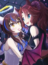 Rule 34 | 2girls, angel and devil, animal ears, bare shoulders, black gloves, blush, breasts, brown hair, choker, commentary request, daitaku helios (devil in the moonlight) (umamusume), daitaku helios (umamusume), dress, ear covers, fake halo, fang, feeding, fingerless gloves, food, gloves, green eyes, hair ornament, hairband, hairclip, halo, highres, horns, horse ears, horse girl, long hair, marshmallow, medium breasts, mejiro palmer (devil in the moonlight) (umamusume), mejiro palmer (umamusume), multicolored hair, multiple girls, official alternate costume, open mouth, ponytail, sangria (sangria69), skin fang, small breasts, strapless, strapless dress, streaked hair, umamusume, upper body, vest, white dress, wings, yellow eyes, yuri