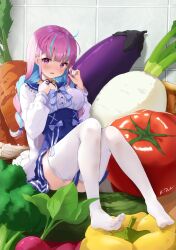 Rule 34 | 1girl, ahoge, bell pepper, blue bow, blue bowtie, blue dress, blue hair, blue nails, blunt bangs, blush, bow, bowtie, braid, breasts, broccoli, carrot, collared dress, colored inner hair, convenient censoring, cucumber, dress, eggplant, feet, food, full body, hands up, highres, hololive, knees together feet apart, large breasts, leaning back, legs, long sleeves, looking at viewer, lukas reule, minato aqua, minato aqua (sailor), multicolored hair, mushroom, nail polish, official alternate costume, open mouth, pepper, pink eyes, pink hair, radish, sidelocks, signature, sitting, solo, streaked hair, thighhighs, thighs, toes, tomato, turnip, twin braids, two-tone dress, vegetable, virtual youtuber, white dress, white thighhighs
