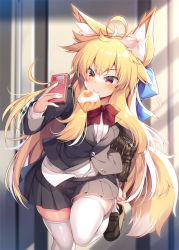 Rule 34 | 1girl, ahoge, animal ear fluff, animal ears, blazer, blonde hair, blue bow, bow, chihaya (roshin), fox ears, fox tail, fried egg, jacket, loafers, long hair, mouth hold, original, pleated skirt, red bow, red eyes, roshin, school uniform, shirt, shoes, skirt, solo, tail, thighhighs, white shirt, white thighhighs