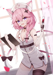 Rule 34 | 1girl, absurdres, animal ears, bad id, bad pixiv id, bandaged arm, bandaged leg, bandages, bare shoulders, black bow, black choker, blurry, blurry background, bow, braid, breasts, brown thighhighs, cat ears, cat girl, cat tail, choker, clipboard, collarbone, commentary, crossed bandaids, curtains, depth of field, dress, elbow gloves, gloves, gluteal fold, hair bow, hair over shoulder, hat, highres, holding, holding syringe, nurse, nurse cap, nyatasha nyanners, petals, pink hair, poinia, purple eyes, single braid, single thighhigh, sleeveless, sleeveless dress, small breasts, solo, syringe, tail, tail bow, tail ornament, thighhighs, transparent, virtual youtuber, vshojo, white dress, white gloves, white hat, window