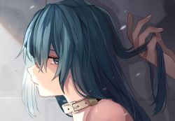 Rule 34 | 1girl, bare shoulders, belt buckle, belt collar, blue eyes, blue hair, brown collar, buckle, collar, commentary request, derori, fingernails, hair between eyes, hand in own hair, highres, original, out of frame, parted lips, portrait, profile, solo focus
