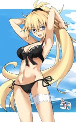 Rule 34 | 2girls, ahoge, arms behind head, bare arms, bare shoulders, bespectacled, bikini, black bikini, black choker, black jacket, blonde hair, blue eyes, blush, bow, breasts, choker, cleavage, commentary request, cowboy shot, cropped jacket, day, fate/grand order, fate (series), glasses, hair between eyes, hair bow, hairband, highres, jacket, jeanne d&#039;arc alter (swimsuit berserker) (fate), jeanne d&#039;arc (fate), jeanne d&#039;arc (ruler) (fate), jeanne d&#039;arc (swimsuit archer) (fate), jeanne d&#039;arc (swimsuit archer) (first ascension) (fate), jeanne d&#039;arc (swimsuit archer) (second ascension) (fate), jeanne d&#039;arc alter (fate), jeanne d&#039;arc alter (swimsuit berserker) (fate), large breasts, long hair, looking at another, looking at viewer, midriff, multiple girls, navel, o-ring, o-ring bikini, o-ring bottom, o-ring top, outdoors, outside border, ponytail, side-tie bikini bottom, silver hair, stomach, swimsuit, thigh strap, thighs, very long hair, water, yellow eyes, yuchio