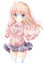 Rule 34 | 1girl, ahoge, black skirt, blonde hair, blue eyes, blush, bow, bowtie, brown jacket, clothes lift, collared shirt, commentary request, dress shirt, hair between eyes, jacket, long hair, original, panties, panty peek, parted lips, pink bow, pink bowtie, pleated skirt, school uniform, shihou haru, shirt, simple background, skirt, skirt lift, solo, thighhighs, underwear, very long hair, white background, white panties, white shirt, white thighhighs, wind, wind lift