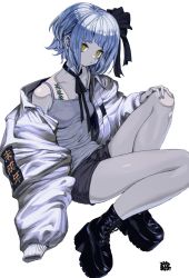 Rule 34 | 1girl, :o, afternooners, bad id, bad tumblr id, black footwear, black ribbon, blue hair, blue nails, blue theme, bow, coat, collarbone, grey tank top, hair bow, hair ribbon, hand on own knee, highres, knees up, looking at viewer, nail polish, off shoulder, original, oversized clothes, platform footwear, ribbon, shoes, short hair, shoulder tattoo, sidelocks, sitting, solo, tank top, tattoo, translation request, white coat, yellow eyes