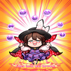 Rule 34 | 1girl, arms up, black cloak, black hat, bow, breasts, brown hair, buttons, chibi, cloak, closed eyes, commentary request, dress, full body, glasses, gradient background, grey bow, grey footwear, grey socks, hair between eyes, hands up, hat, hat bow, kashuu (b-q), kneehighs, long sleeves, occult ball, open mouth, orange background, plaid, plaid dress, puffy long sleeves, puffy sleeves, purple dress, red cloak, shirt, shoes, short hair, small breasts, smile, socks, solo, standing, star (symbol), touhou, usami sumireko, v-shaped eyebrows, white bow, white shirt, yellow background
