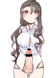 Rule 34 | 1girl, absurdres, akikaze rui, arms behind back, bar censor, black hair, blush, breasts, bright pupils, button gap, censored, closed mouth, collared shirt, cowboy shot, dress shirt, erection, futanari, gluteal fold, goe (g-o-e), hair between eyes, high ponytail, highres, large breasts, large penis, long hair, long sleeves, looking at viewer, no pants, panties, penis, penis in panties, ponytail, red eyes, shirt, shoujo kageki revue starlight, shoujo kageki revue starlight -re live-, sidelocks, simple background, solo, standing, underwear, veins, veiny penis, very long hair, wavy hair, white background, white panties, white pupils, white shirt