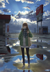 Rule 34 | 1girl, absurdres, blush, breath, clenched teeth, cloud, cloudy sky, closed eyes, hanagamigendai, highres, horizon, lake, mountain, original, puddle, reflection, scenery, sign, sky, smile, solo, standing, teeth