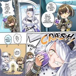 Rule 34 | animal ears, arknights, bandages, breasts, brown hair, bunker, commentary, door, doorway, english commentary, english text, heater, hm (hmongt), lantern, magallan (arknights), santalla (arknights), sitting, white hair