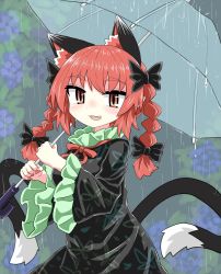 Rule 34 | 1girl, animal ears, black dress, black sleeves, bow, braid, cat ears, cat tail, chups, dress, extra ears, fang, flower, food, frilled sleeves, frills, fruit, grapes, green frills, hair bow, highres, holding, holding umbrella, hydrangea, kaenbyou rin, long sleeves, looking at viewer, multiple tails, nail polish, open mouth, outdoors, rain, red eyes, red hair, red nails, red neckwear, short hair, smile, solo, tail, touhou, transparent, transparent umbrella, twin braids, two tails, umbrella, upper body, wide sleeves