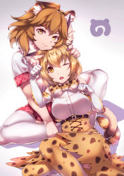 Rule 34 | 10s, 2girls, ;o, animal ears, blonde hair, bow, bowtie, breasts, brown hair, closed mouth, elbow gloves, gloves, highres, japari symbol, kemono friends, lion (kemono friends), looking at viewer, medium breasts, multiple girls, one eye closed, open mouth, paw pose, serval (kemono friends), serval print, serval tail, short hair, skirt, smile, tail, thighhighs, white gloves, white legwear, yamaori, yellow eyes, yellow legwear, yellow skirt