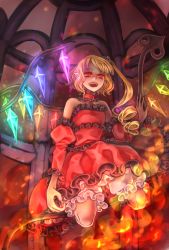 Rule 34 | 1girl, alternate costume, asymmetrical hair, blonde hair, bloomers, choker, crystal, detached sleeves, dress, fangs, flandre scarlet, glowing, highres, laevatein, long sleeves, open mouth, pointy ears, puffy sleeves, red dress, red eyes, remi (isizaki0204), side ponytail, smile, solo, touhou, underwear, wings