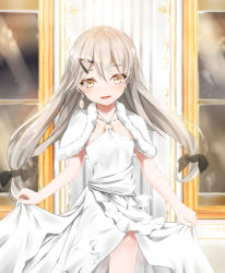 Rule 34 | 1girl, blush, collarbone, cowboy shot, dress, earrings, girls&#039; frontline, grey hair, hair between eyes, hair ornament, hairclip, highres, holding, holding clothes, holding dress, indoors, jewelry, long hair, looking at viewer, mg4 (girls&#039; frontline), niie, open mouth, smile, solo, white dress, yellow eyes