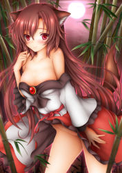 Rule 34 | 1girl, animal ears, bamboo, bamboo forest, blush, breasts, brooch, brown hair, collarbone, dress, fingernails, forest, full moon, highres, imaizumi kagerou, jewelry, large breasts, long hair, long sleeves, looking at viewer, moon, nail polish, nature, no panties, red eyes, smile, solo, sturm (arowana kingyo), tail, touhou, wide sleeves, wolf ears, wolf tail