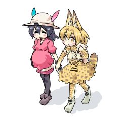 Rule 34 | 10s, ^ ^, animal ears, backpack, bag, bow, bowtie, bucket hat, closed eyes, elbow gloves, closed eyes, gloves, holding hands, hat, hat feather, high-waist skirt, kaban (kemono friends), kemono friends, lucky beast (kemono friends), pantyhose, pregnant, print gloves, print neckwear, print skirt, red shirt, seki (red shine), serval (kemono friends), serval print, serval tail, shirt, skirt, sleeveless, sleeveless shirt, striped tail, tail