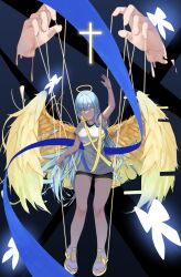 Rule 34 | 1girl, absurdres, angel, angel wings, arm up, black shorts, blue hair, breasts, bug, butterfly, closed mouth, commentary request, cross, disembodied limb, feathered wings, feathers, full body, halo, highres, insect, long hair, looking at viewer, medium breasts, original, puppet, puppet strings, shirt, shiwa (jired1234), shoes, short sleeves, shorts, sneakers, white shirt, wings, yellow eyes, yellow halo, yellow wings