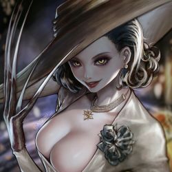 Rule 34 | ai shou, alcina dimitrescu, black flower, black hair, black hat, black rose, blurry, blurry background, breasts, claws, commentary, dress, earrings, english commentary, eyelashes, flower, hand up, hat, highres, jewelry, large breasts, lipstick, looking at viewer, makeup, mature female, necklace, nostrils, parted lips, red lips, resident evil, resident evil village, rose, short hair, smile, solo, twitter username, upper body, white dress, yellow eyes