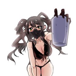 Rule 34 | 1girl, absurdres, alternate costume, arm support, bikini, black bikini, black gloves, blush, breasts, brown hair, cleavage, condensation, cowboy shot, cup, foreshortening, front-tie bikini top, front-tie top, gas mask, girls&#039; frontline, giving, gloves, highres, holding, holding cup, lazy ant, leaning forward, long hair, looking at viewer, mask, medium breasts, scarecrow (girls&#039; frontline), simple background, solo, sweat, swimsuit, thick thighs, thighs, yellow eyes