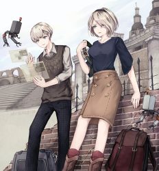 Rule 34 | 1boy, 1girl, akira (aky-la), alternate costume, backpack, bag, black legwear, blue eyes, breasts, brown footwear, brown skirt, brown sweater, building, cloud, cloudy sky, commentary request, day, eyes visible through hair, hairband, large breasts, long skirt, mole, mole under mouth, nier:automata, nier (series), outdoors, pod (nier:automata), shirt, shoes, short hair, silver hair, skirt, sky, smile, stairs, standing, sweater, white shirt, wide sleeves, 2b (nier:automata), 9s (nier:automata)