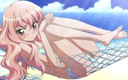 Rule 34 | 00s, 1girl, artist request, ass, barefoot, beach, bikini, blush, cloud, day, embarrassed, feet, flat chest, hair between eyes, hammock, highres, hugging own legs, iwakura kazunori, knees to chest, legs, legs up, light rays, long hair, looking at viewer, louise francoise le blanc de la valliere, lying, megami magazine, non-web source, ocean, official art, official wallpaper, on back, outdoors, pink eyes, pink hair, pinup (style), profile, scan, shadow, sidelocks, sky, smile, solo, sunbeam, sunlight, swimsuit, tree, wallpaper, water, wavy hair, zero no tsukaima